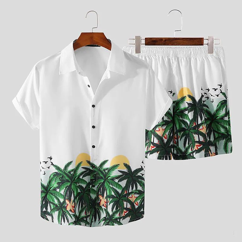 Mens White Coconut Tree Printed Summer Short Suit