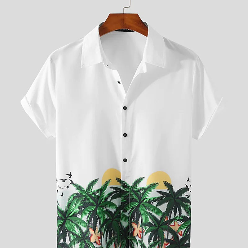 Mens White Coconut Tree Printed Summer Short Suit