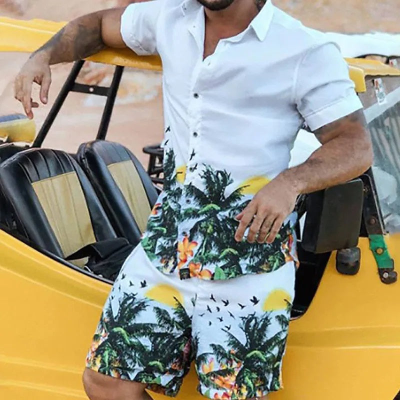 Mens White Coconut Tree Printed Summer Short Suit