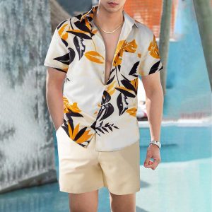 Men Plant Printed Beach Summer Short Suit Outfit